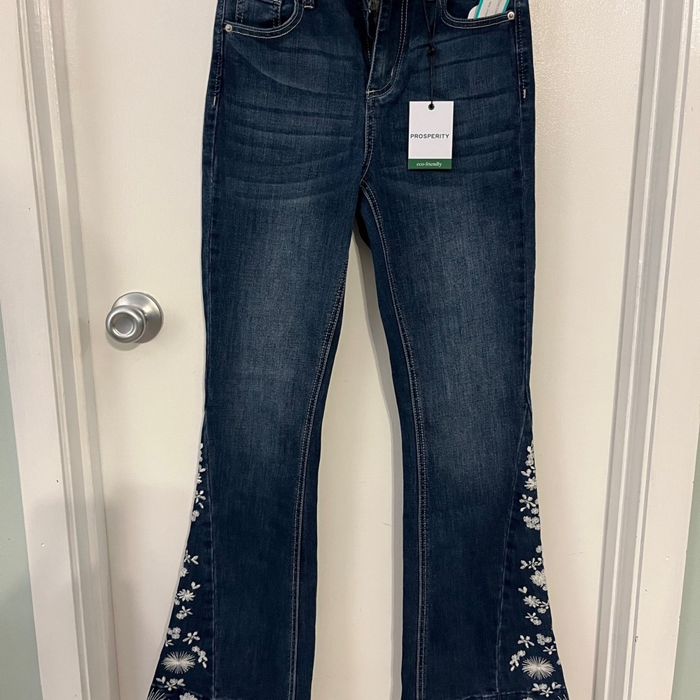 Dark Blue Flare Jeans with Floral Embroidery